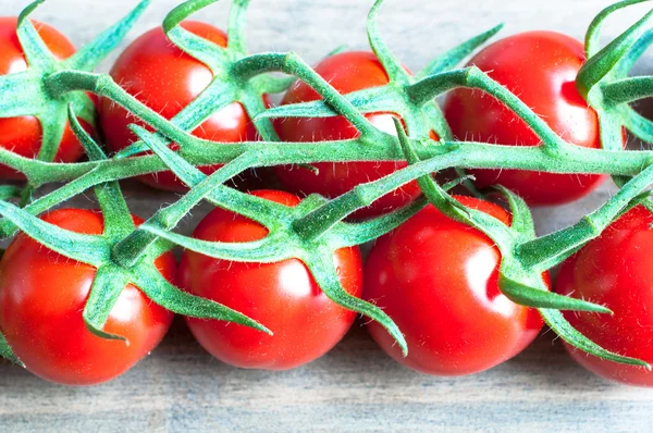 Los tomates frescos maduros de la vid con la profundidad poco profunda del campo sobre la madera —  Fotos de Stock