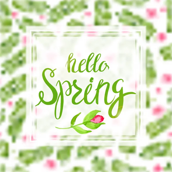 Primavera borrosa fondo con letras y flores . — Vector de stock