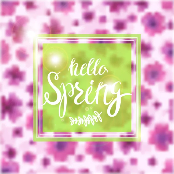 Primavera borrosa fondo con letras y flores . — Vector de stock