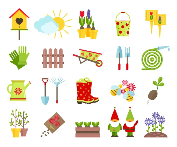 Garden tools and other elements of gardening flat icons set — Stock Vector