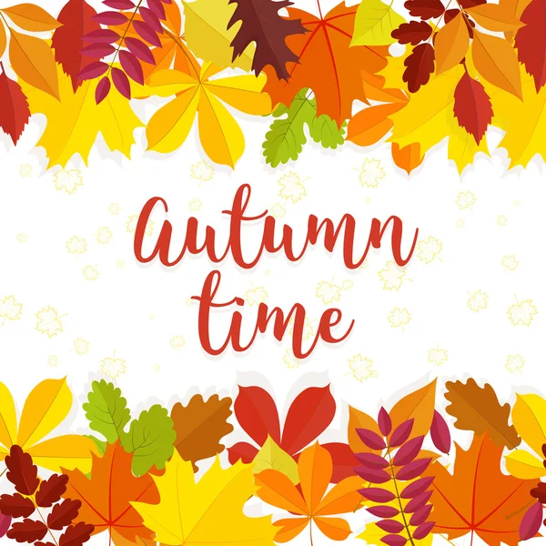 Autunno tempo lettering sfondo. Fondo autunnale con foglie gialle rosse e verdi . — Vettoriale Stock