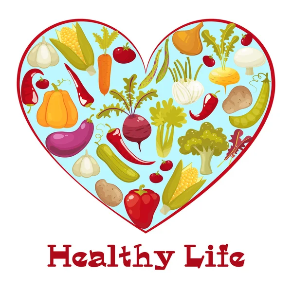 Vida sana. Corazón estilo dibujos animados con verduras saludables. Ilustración vectorial — Vector de stock