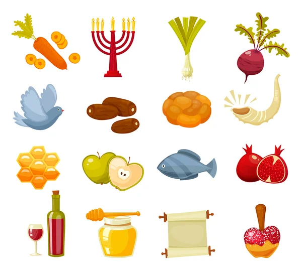 Cartoon platt vektorillustration av ikoner för judiska nyåret semester Rosh Hashana. — Stock vektor