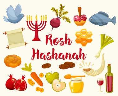 Yahudi yeni yılı tatil Rosh Hashanah için simgeler düz vektör çizim karikatür.