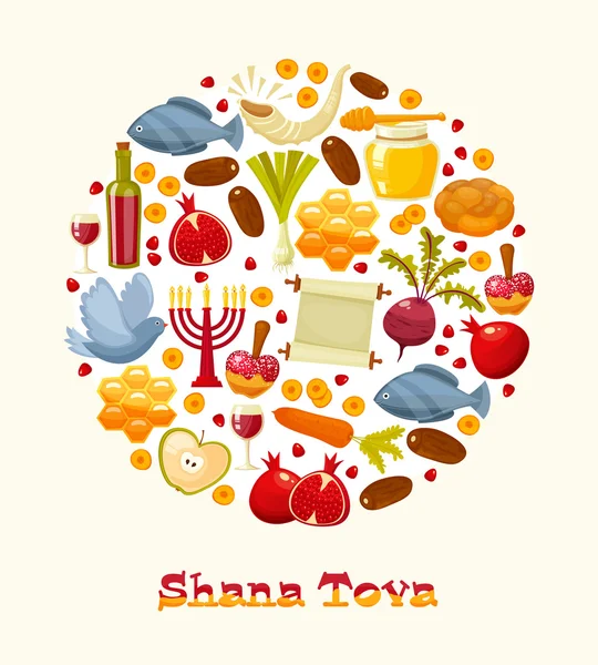 Cartoon flat vector illustration of icons for Jewish new year holiday Rosh Hashanah. — Stock Vector