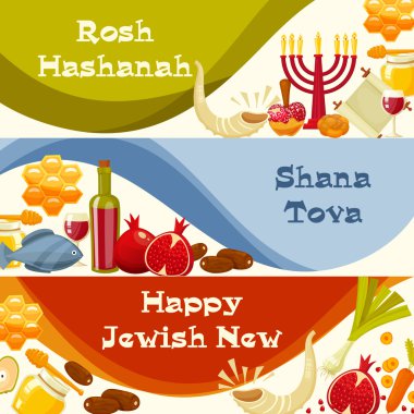 Rosh Hashanah, Shana Tova veya Yahudi yeni yıl karikatür düz vektör afiş ayarlayın. Çizgi film düz stil vektör çizim