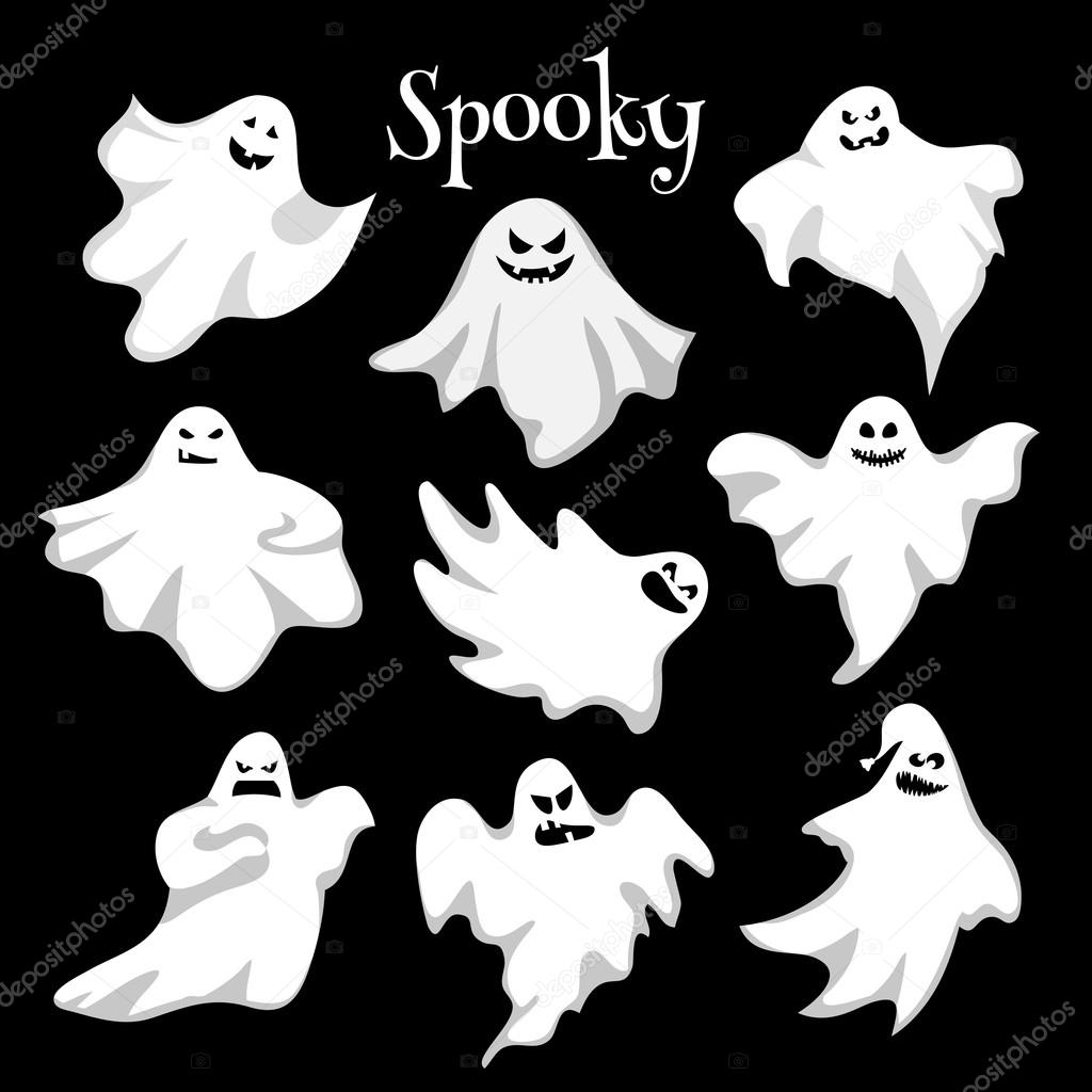 Scary white ghosts design on black background . Halloween spooky . Vector illustration.
