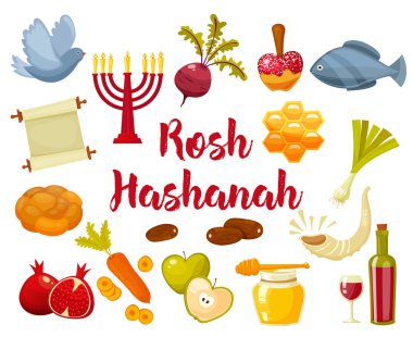 Yahudi yeni yılı tatil Rosh Hashanah için simgeler düz vektör çizim karikatür.