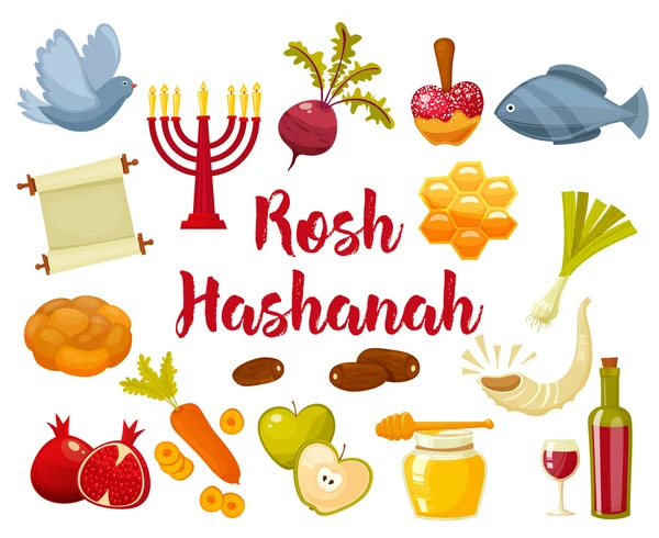 Cartoon flat vector illustration of icons for Jewish new year holiday Rosh Hashanah. — Stock Vector