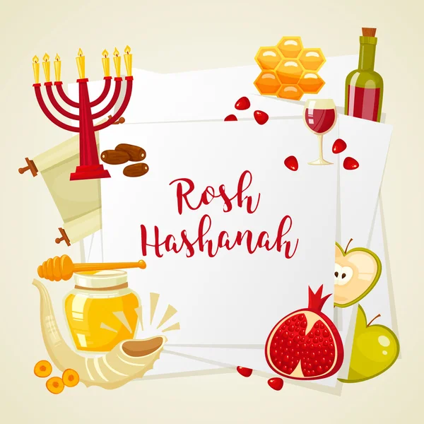 Cartoon flat vector illustration of icons for Jewish new year holiday Rosh Hashanah. — Stock Vector