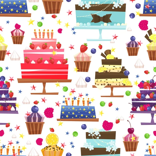 お菓子、お菓子やケーキのシームレスなパターン背景 — ストックベクタ