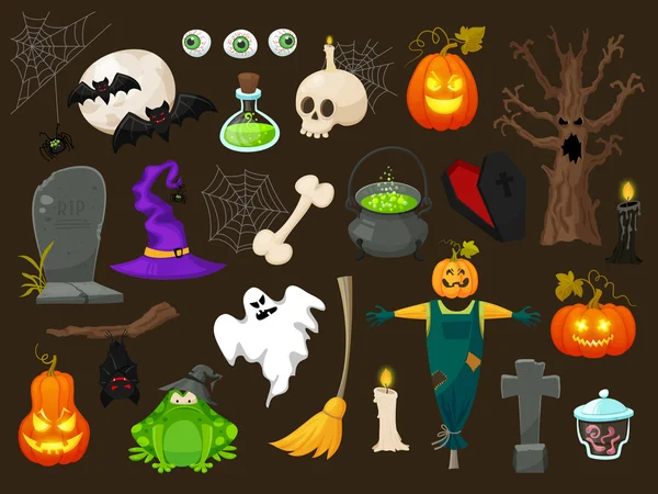 Halloween moda ícones planos isolados em brounbackground. Personagens vetoriais de Halloween. Abóbora, fantasma e bruxa — Vetor de Stock