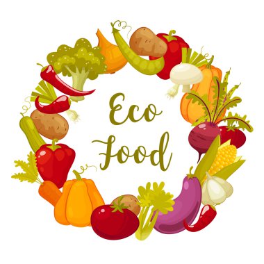 Eko gıda tipografik poster ile sebze vektör çizim oluşan yuvarlak dekoratif çerçeve
