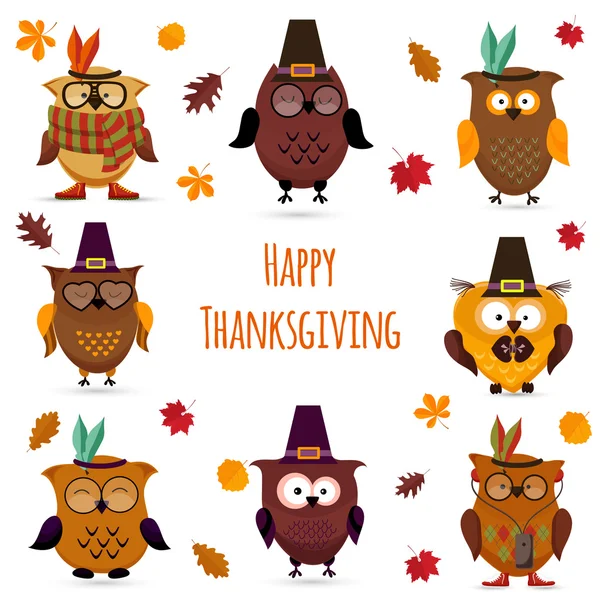 Thanksgiving Day  cute owl set — Stock Vector