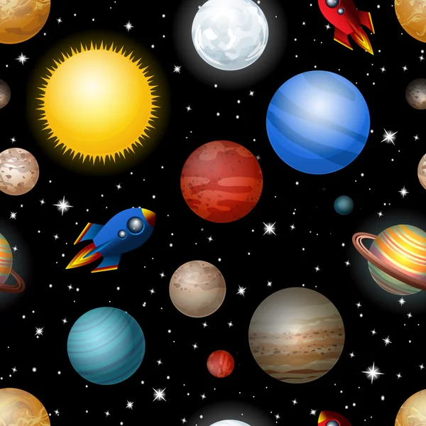 Seamless pattern with planets and rockets — Stock Vector