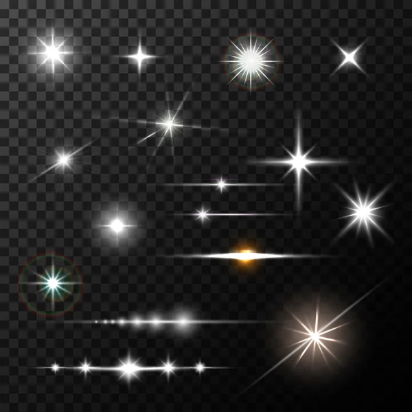 Realistické čočky světélkují hvězdy a září bílé prvky na průhledném pozadí — Stockový vektor