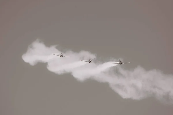 Letadla Aerobatické Ukázce Kouřem Šedou Oblohou Černobílá Fotografie — Stock fotografie