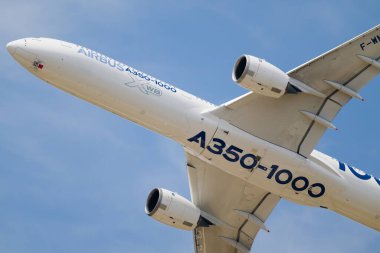 Airbus A350, avion long courrier bireacteur, photographie en vol sur ciel bleu. Görüntü ideali: Havacılık medeni, ulaşım aerien, teknoloji havacılık, vols internationaux.