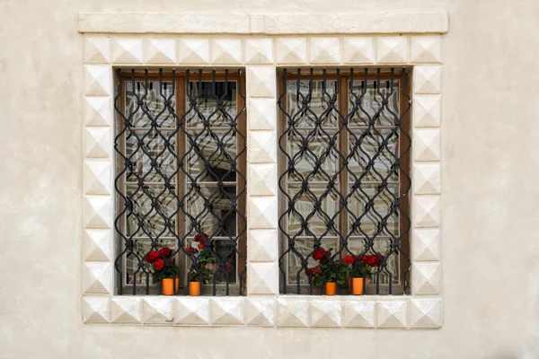 Vecchie finestre con bar e fiori — Foto Stock