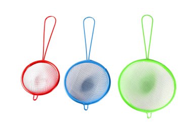 Set of colorful strainers isolated on white clipart