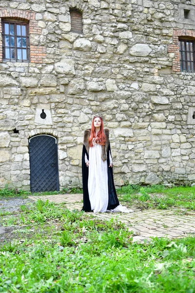 Sexy Long Haired Young Girl Cobblestones Front Stone Fortress Metal — Stock Photo, Image