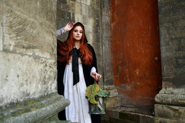 Taş bir kalenin, metal bir kapının ve hapishane penceresinin önündeki kaldırım taşlarının üzerindeki seksi, uzun saçlı genç kız.