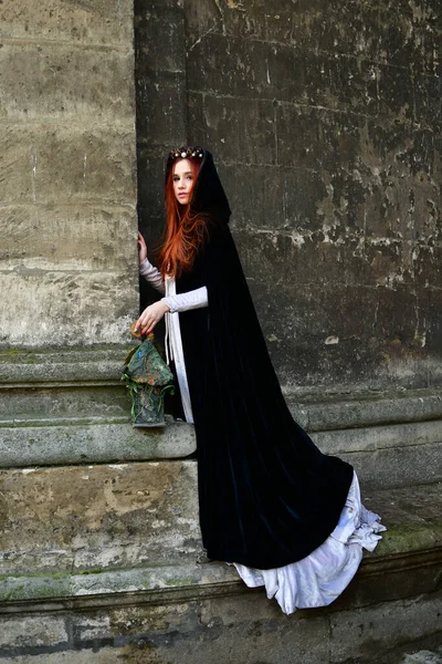 Sexy Long Haired Young Girl Cobblestones Front Stone Fortress Metal — Stock Photo, Image