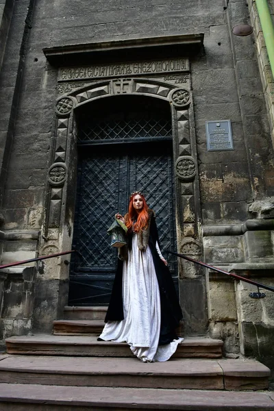 在石头城堡 铁门和监狱窗前的鹅卵石上 一个性感 年轻姑娘 — 图库照片