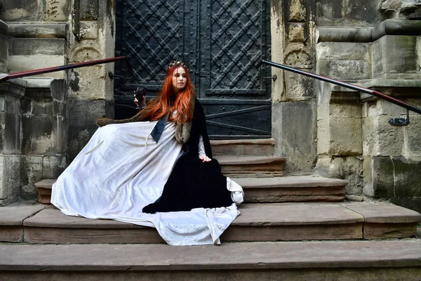 Sexy Long Haired Young Girl Cobblestones Front Stone Fortress Metal — Stock Photo, Image