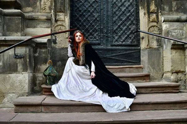 Sexy Long Haired Young Girl Cobblestones Front Stone Fortress Metal — Stock Photo, Image