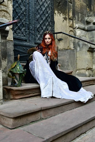 Sexy Long Haired Young Girl Front Stone Fortress Metal Iron — Stock Photo, Image