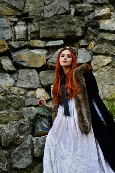 Sexy Long Haired Young Girl Cobblestones Front Stone Fortress Metal — Stock Photo, Image