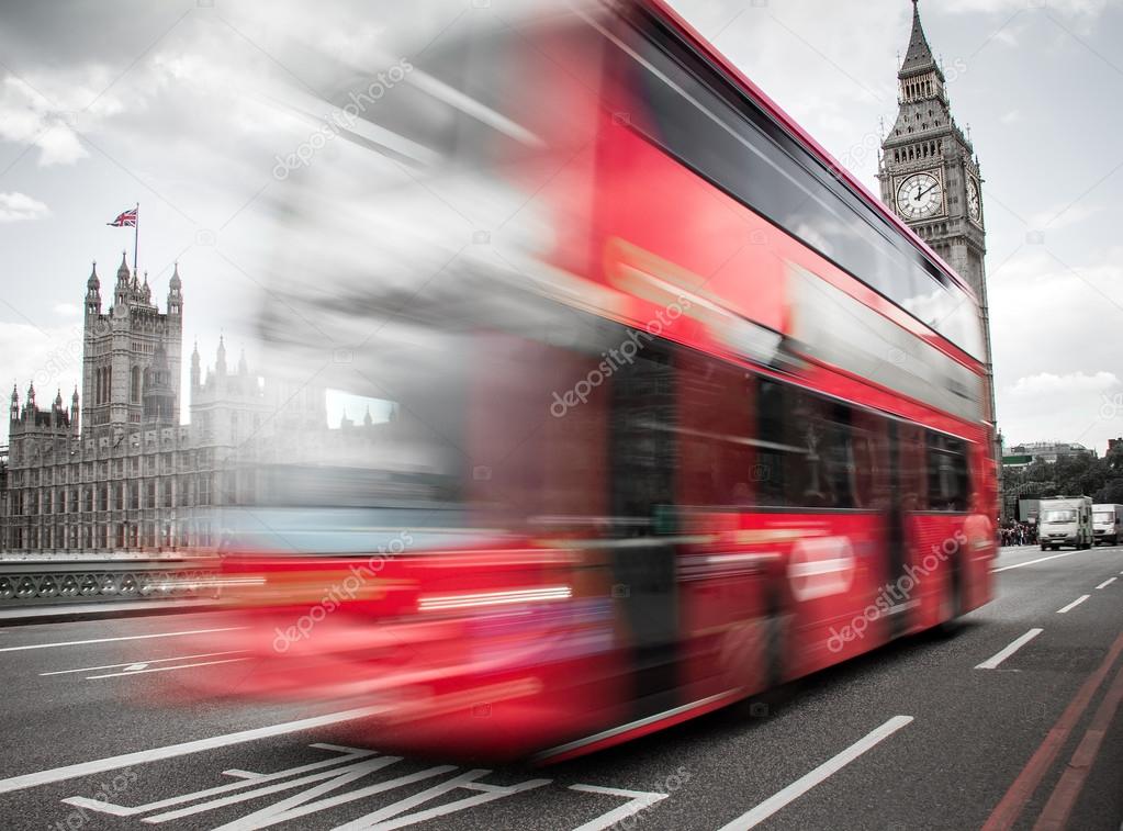 Red Bus crossing Westminster Bridge