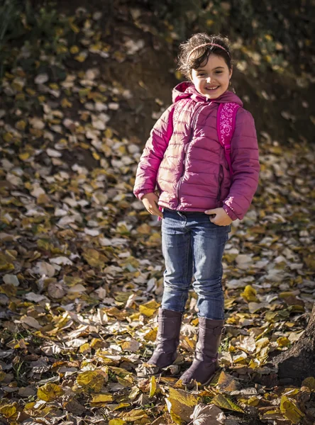 Malá dívka pózuje v listí — Stock fotografie