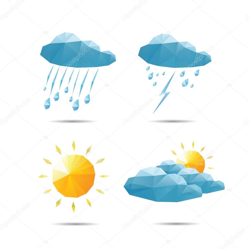 Weather icons set in polygonal geometric style. Vector illustrat