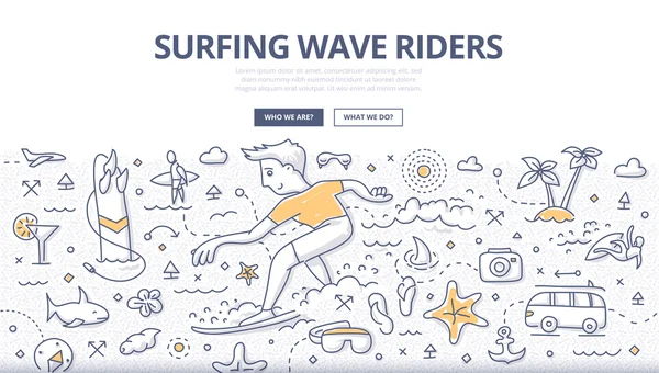 Surf Wave Riders Doodle conceito — Vetor de Stock