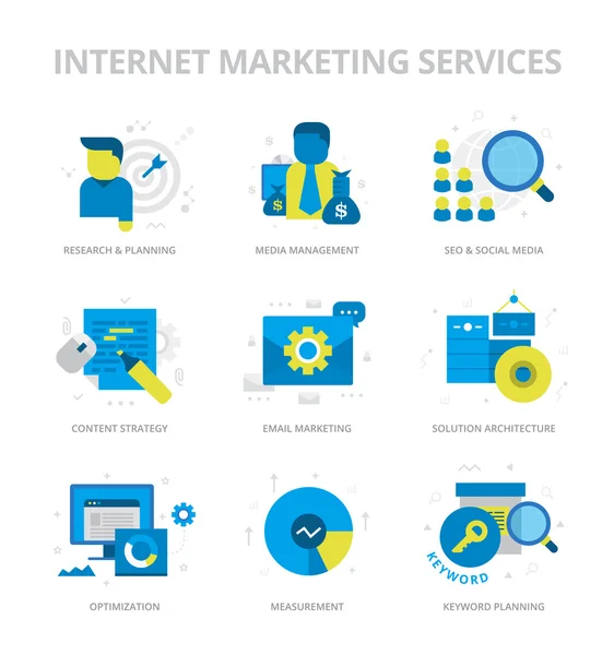 Internet Marketing Services Iconos planos — Vector de stock