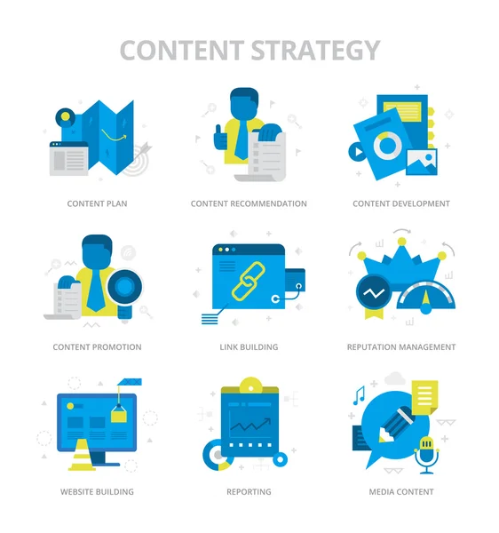 Contenuto Strategia Icone piatte — Vettoriale Stock