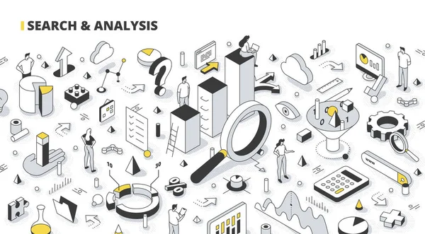 Sök Och Analyskoncept Analysera Affärsdata Samla Och Forska Statistik Isometrisk — Stock vektor