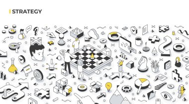 The concept of strategy and decision-making. The team develops the company's strategy by standing around the chessboard. Building strategies and strategic thinking. Abstract isometric illustration clipart