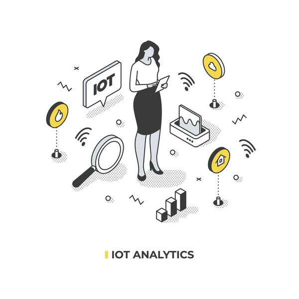 Internet Things Analytics Woman Analyst Gathers Data Sensors Devices Iot — Stock Vector