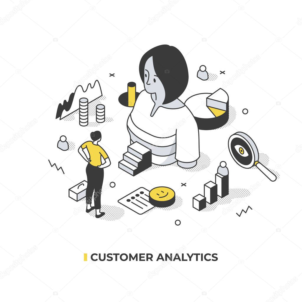 Analyzing customer data to better understand target audience and predict it behavior. Creating customer female profile. Marketing concept. Abstract isometric illustration