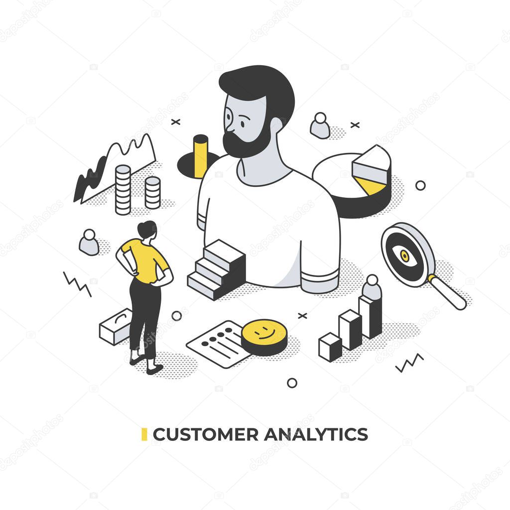 Analyzing customer data to better understand target audience and predict it behavior. Creating customer male profile. Marketing concept. Abstract isometric illustration