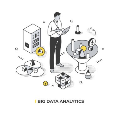 Big data analytics. A male analyst examines large amount of data. He is trying to uncover hidden correlations to grow the business. Abstract isometric illustration clipart