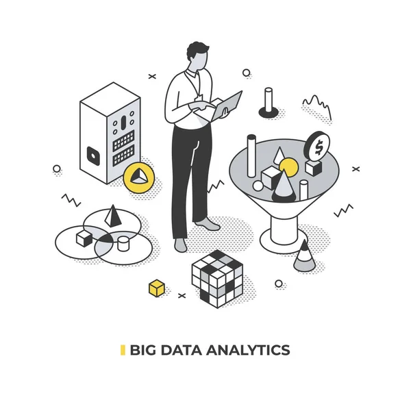 Big Data Analytics Male Analyst Examines Large Amount Data Trying — Stock Vector