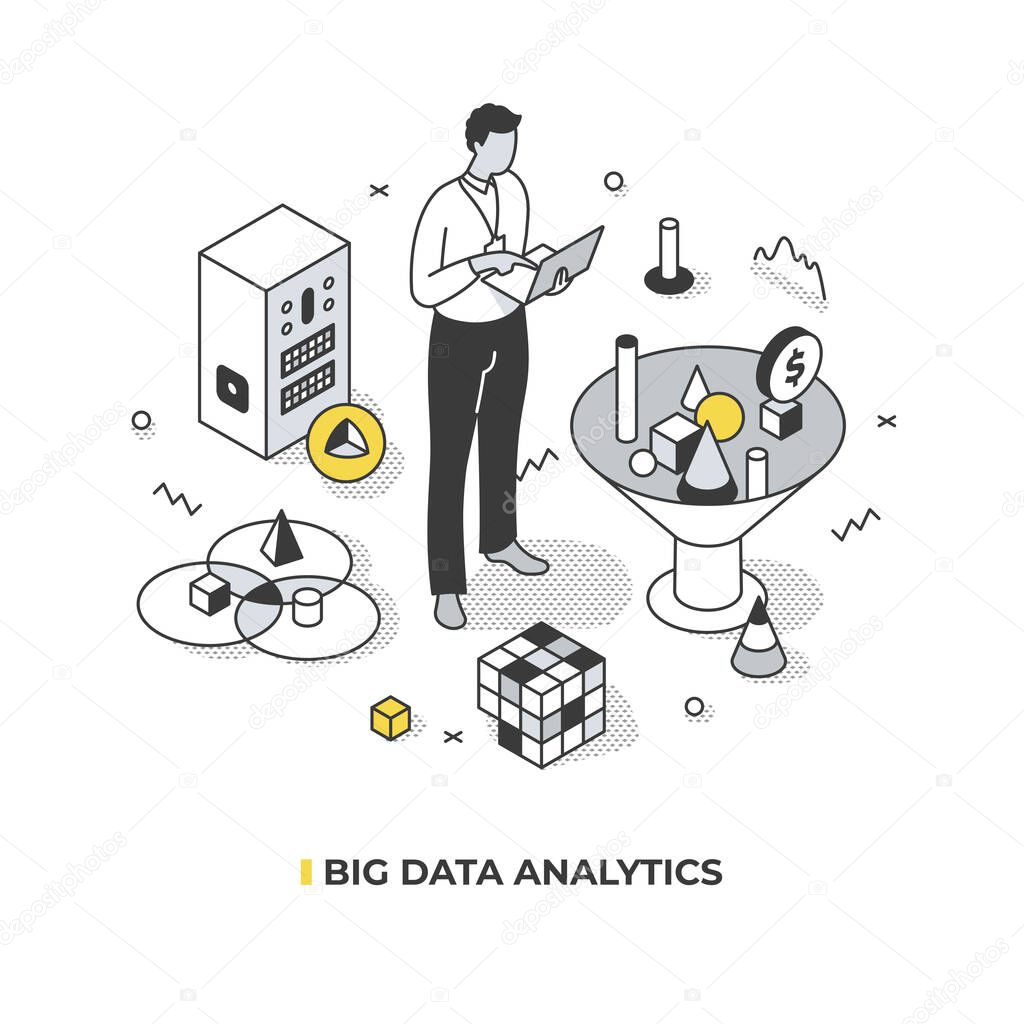 Big data analytics. A male analyst examines large amount of data. He is trying to uncover hidden correlations to grow the business. Abstract isometric illustration