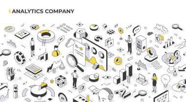 Analitik şirket konsepti. Finansal göstergeleri analiz etmek, büyük veriler, sosyal medya aktiviteleri. Makine öğrenimi ve iş performansı tahminlerinde yapay zeka. İzometrik illüstrasyon