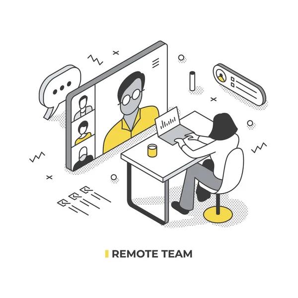 Remote Team Meeting Konzept Die Frau Arbeitet Laptop Und Kommuniziert — Stockvektor