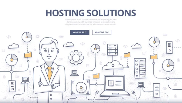 Soluciones de Hosting Doodle Concept Vectores de stock libres de derechos