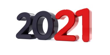 Mutlu yıllar 2021, 3D kutlama metni. Kırmızı 2021 sayı takvimi şablonu